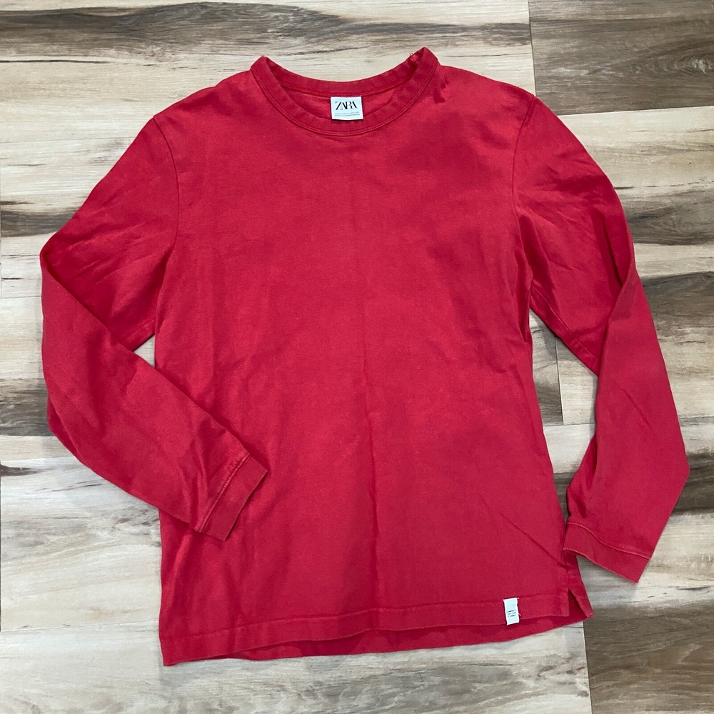 Zara Long Sleeve T-Shirt Size S Compact Cotton Crew Neck Red Slim Fit Tee